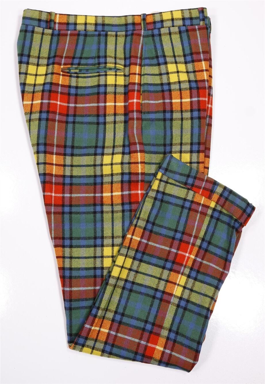 Morty Sills Vintage 70s Tartan Plaid British Fabric Wool Flat Front Pants 38x32